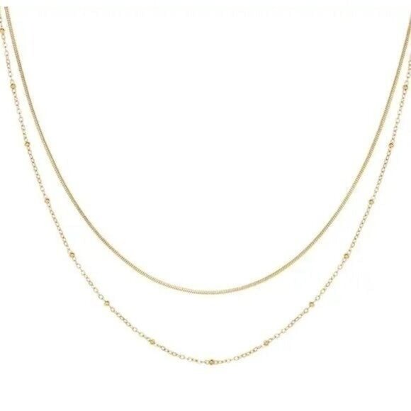 DAINTY DOUBLE layered Necklace Gold Snake chain Gold Beaded Satellite Chain - Picture 6 of 13